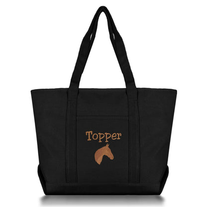 black canvas tote with embroidered name and horse image