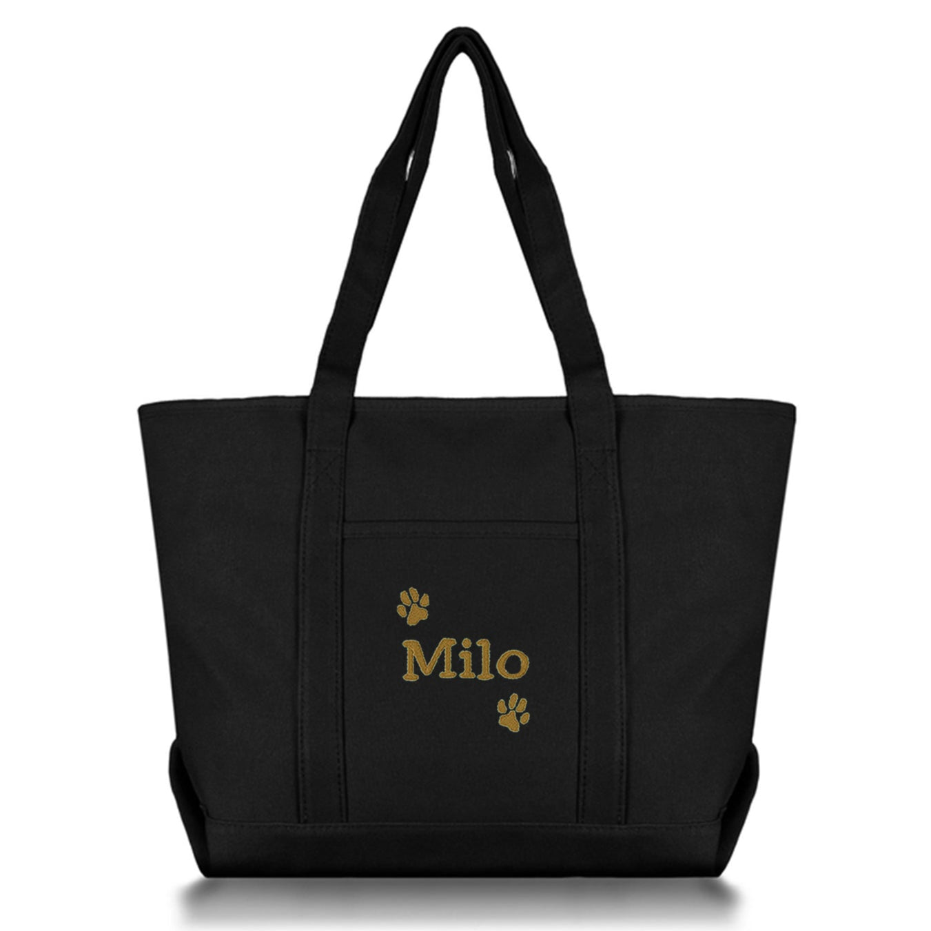 Black tote bag with dog name and paws embroidered on it against a white background