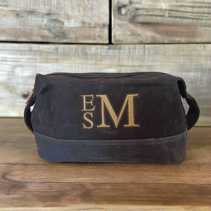 waxed canvas dopp kit with embroidered monogram for men