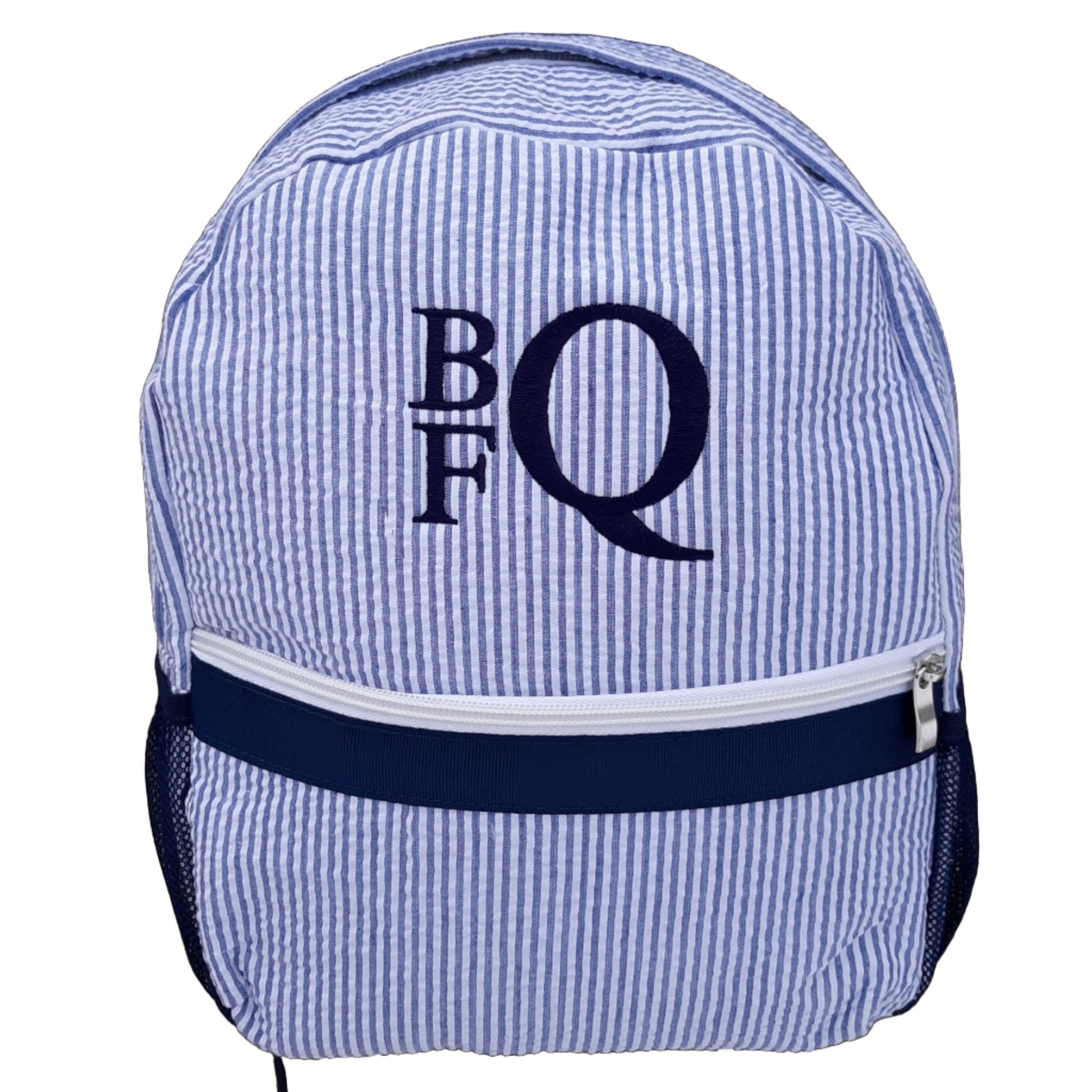 navy seersucker backpack with navy monogram perfect size for a child or baby