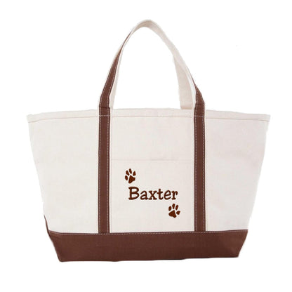 Tote bag with name and paw prints on a white background