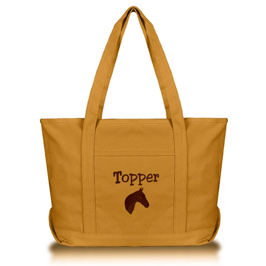butterscotch gold canvas tote bag with horse image embroidered under name