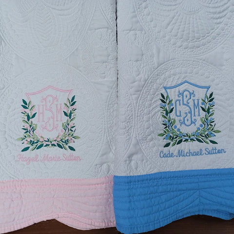 personalized baby quilts, baby blankets for twins, heirloom style baby quilts with monograms