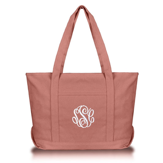 dusty rose canvas tote bag with white embroidered monogram