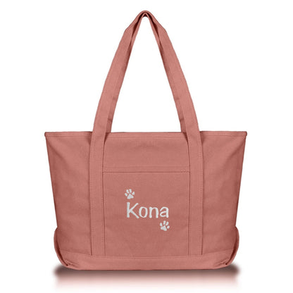 Dusty Rose Tote Bag with Dog name and dog paws embroidered