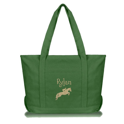 green equestrian tote with jumper horse and riders name embroidered
