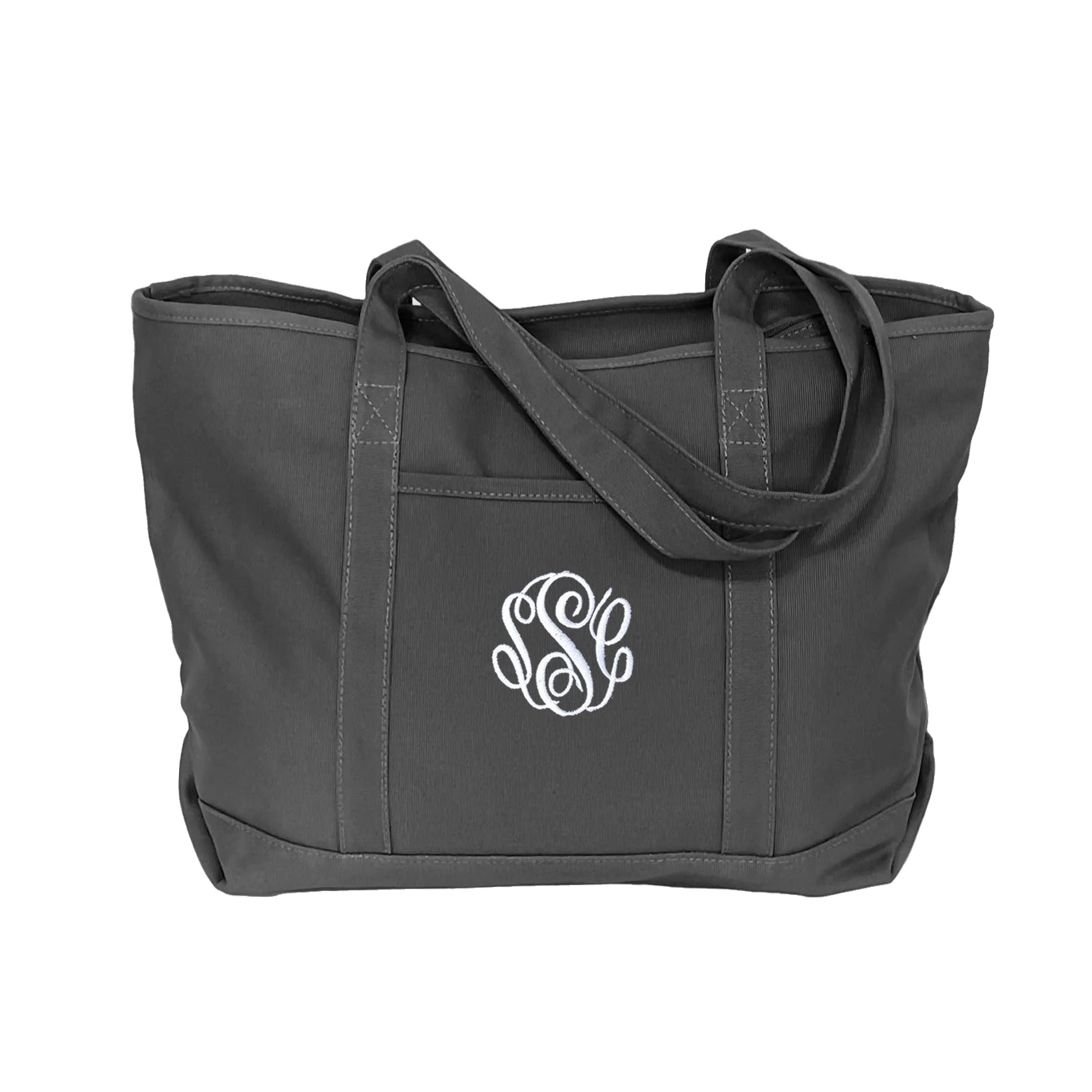 solid gray zipper top tote bag with embroidered monogram