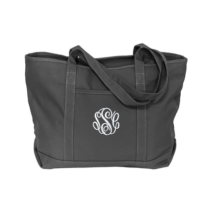solid gray zipper top tote bag with embroidered monogram