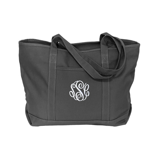 solid gray zipper top tote bag with embroidered monogram