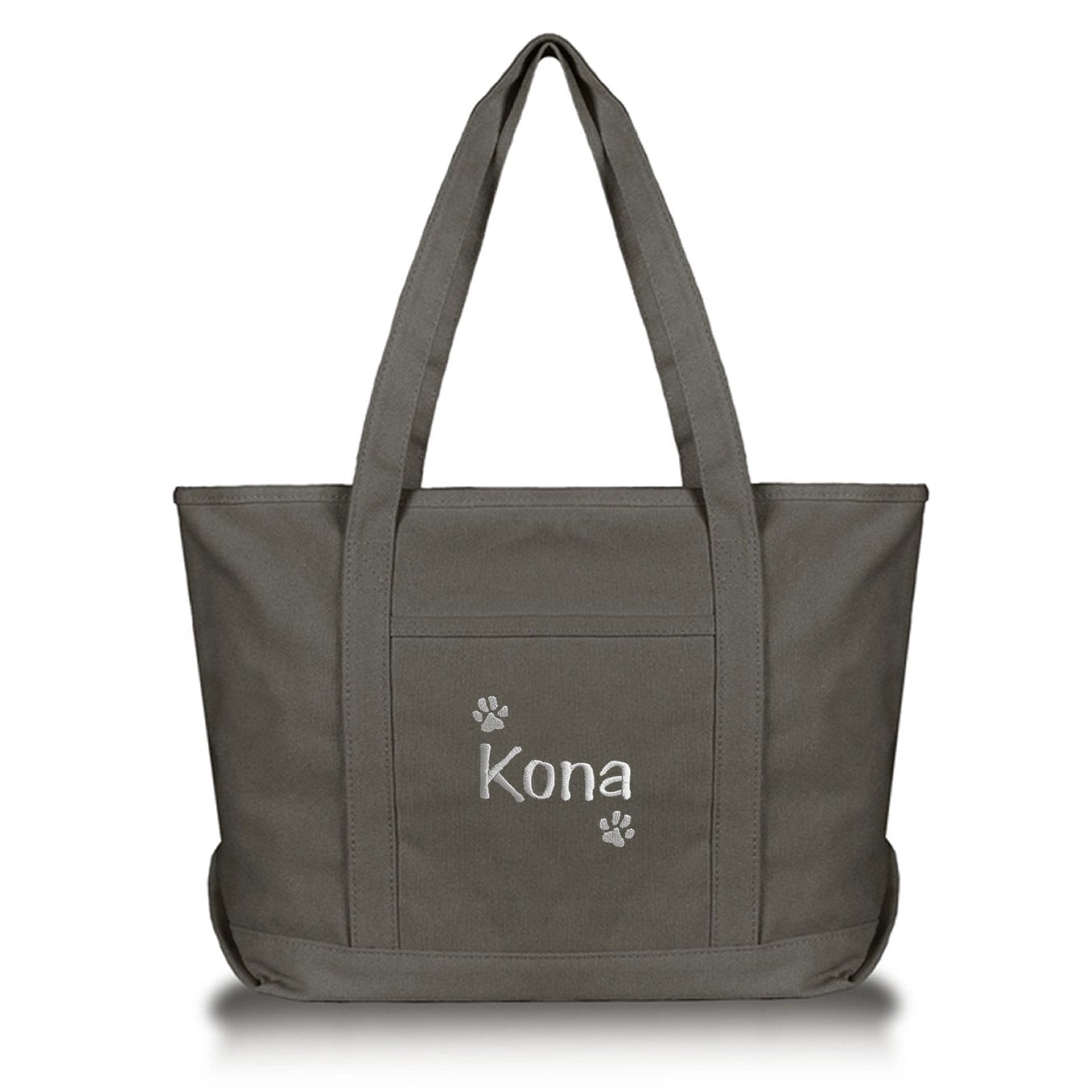 Gray dog tote bag with embroidered name and dog paws for doggie daycare