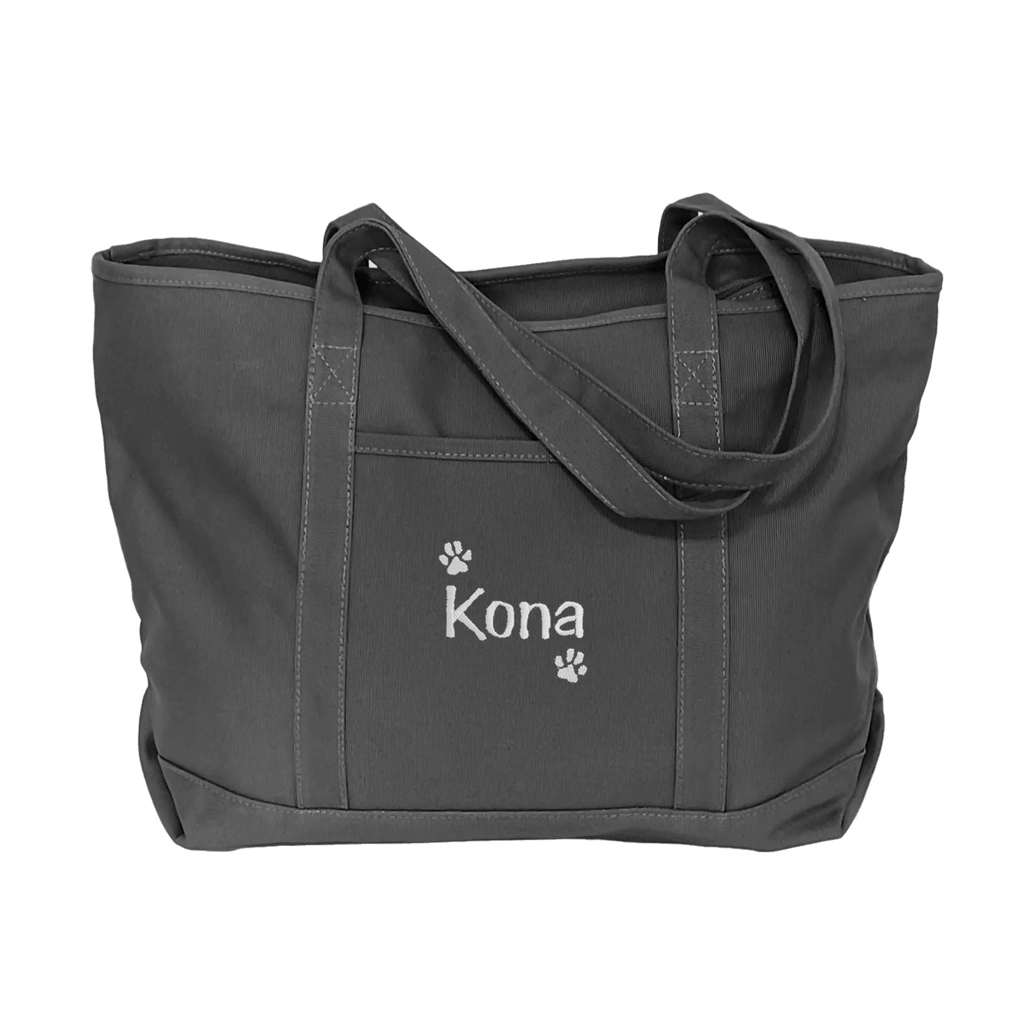 personalized dog tote bag with dogs name and dog paws embroidered