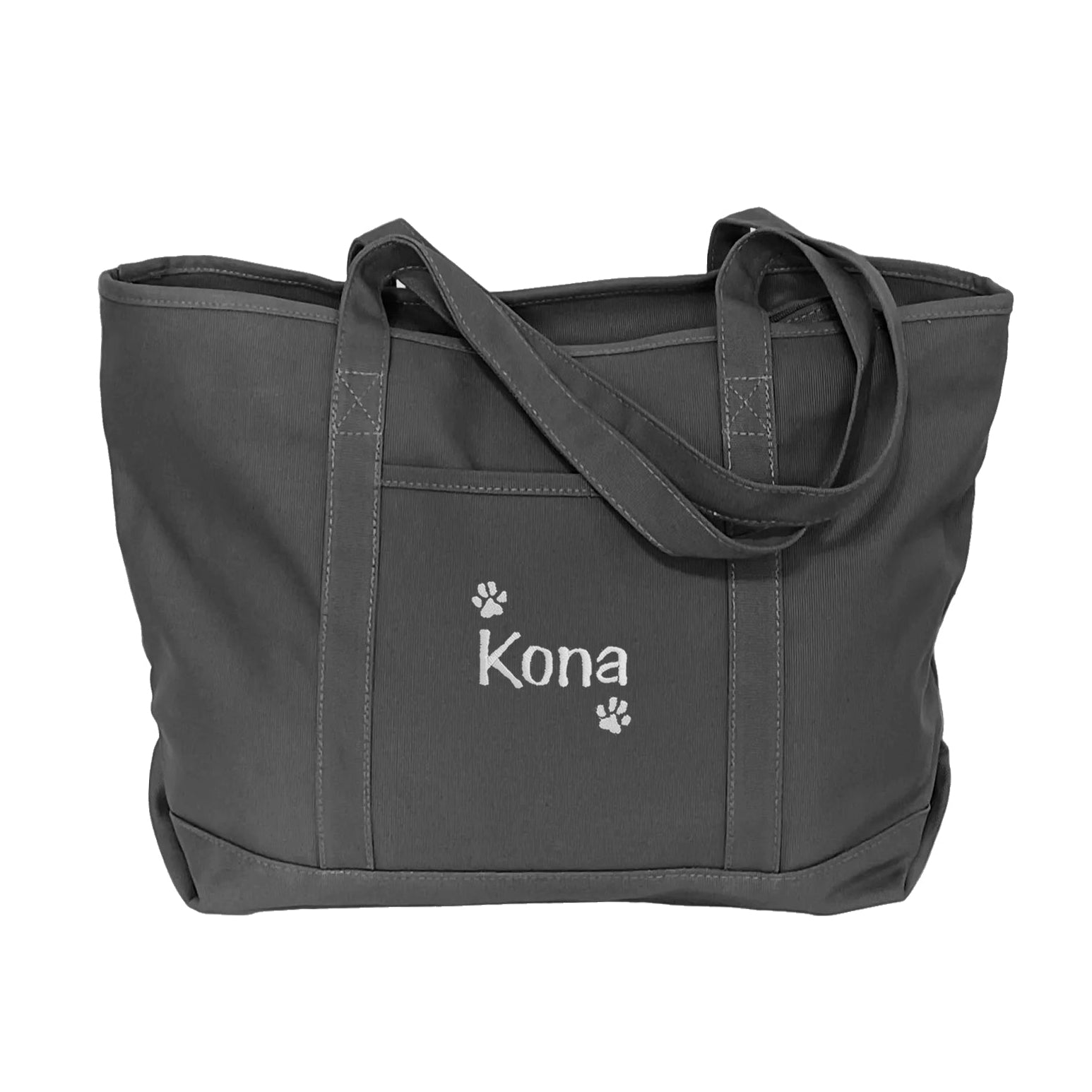 personalized dog tote bag with dogs name and dog paws embroidered