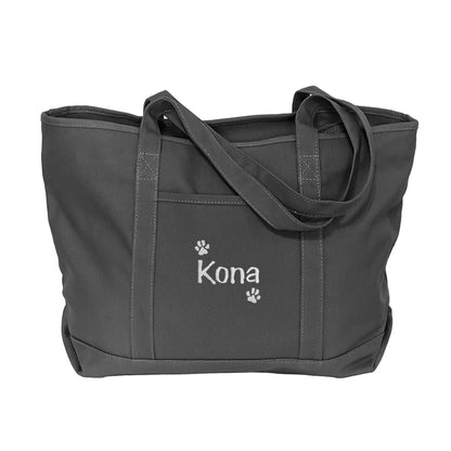 personalized dog tote bag with dogs name and dog paws embroidered