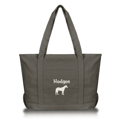 Gray tote bag with name and horse image