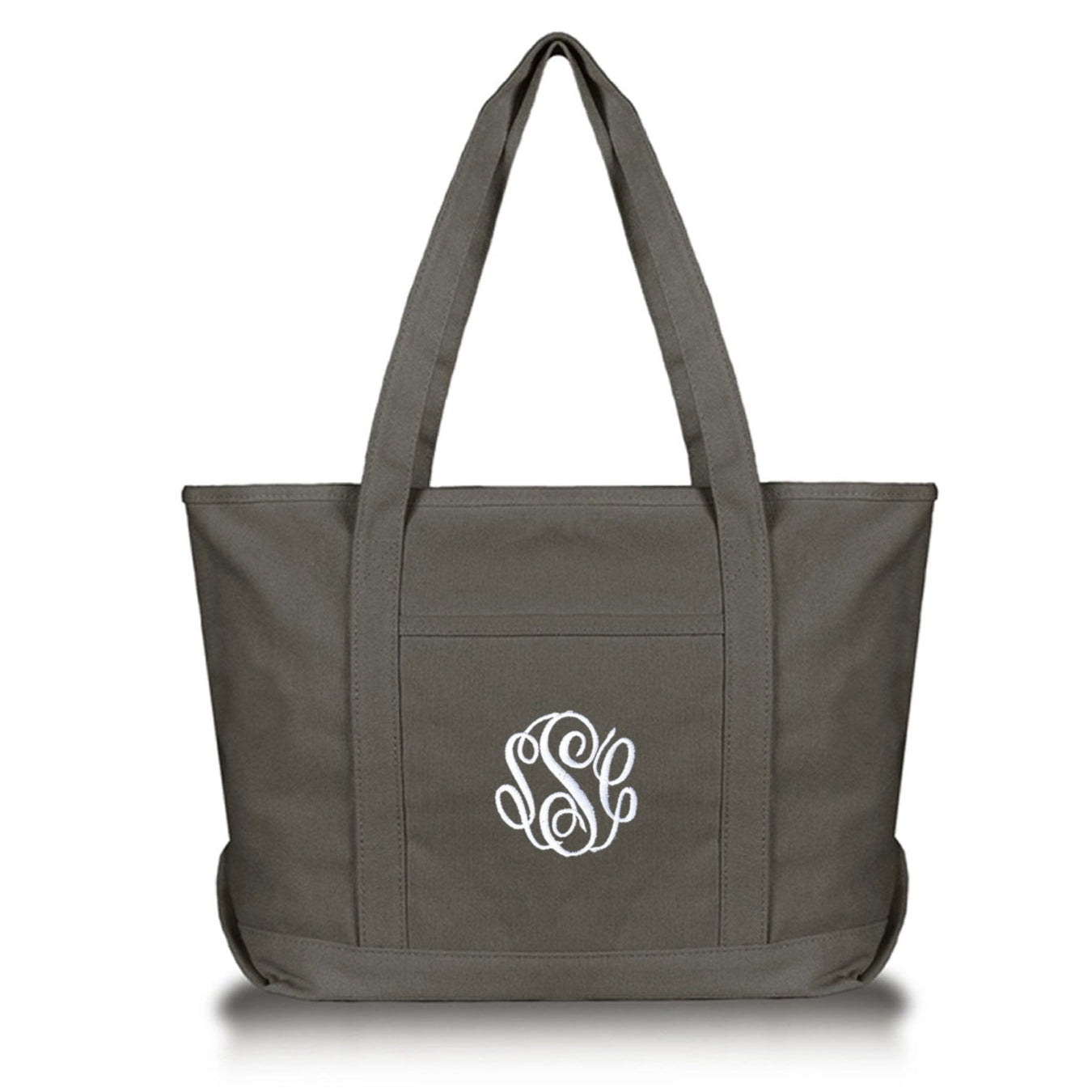 solid gray zipper top tote bag with embroidered monogram