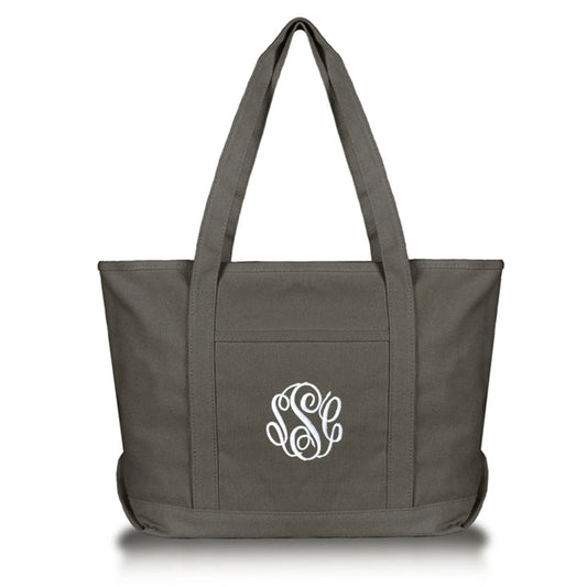 solid gray zipper top tote bag with embroidered monogram