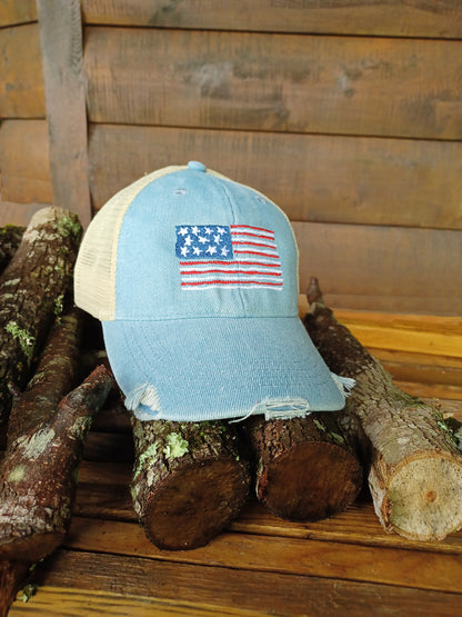 American Flag Distressed Trucker Hat