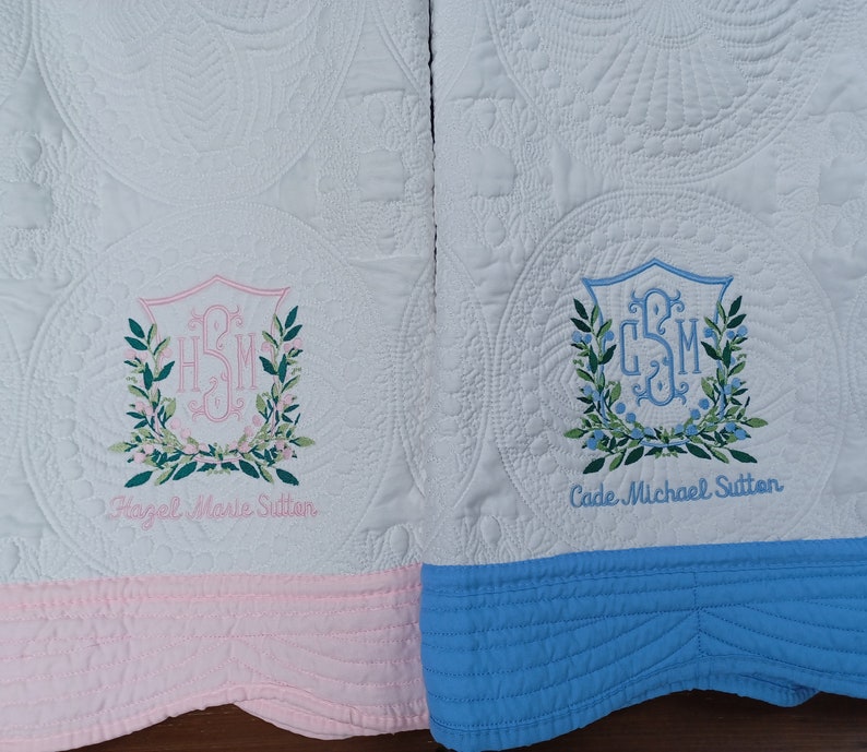 Heirloom Style Baby Quilt with Berry Crest Monogram