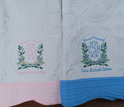 Heirloom Style Baby Quilt with Berry Crest Monogram