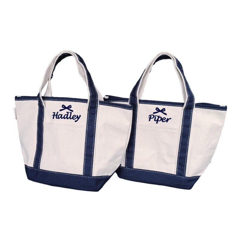 mini canvas tote with embroidered name and bow design