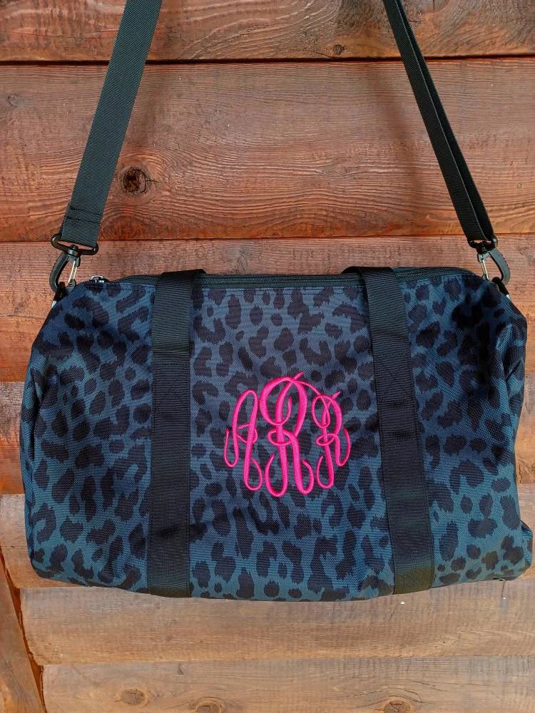 Black Leopard Print Duffel Bag with Monogram