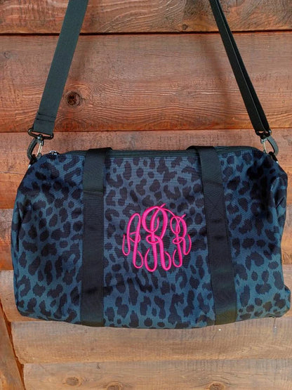 Black Leopard Print Duffel Bag with Monogram