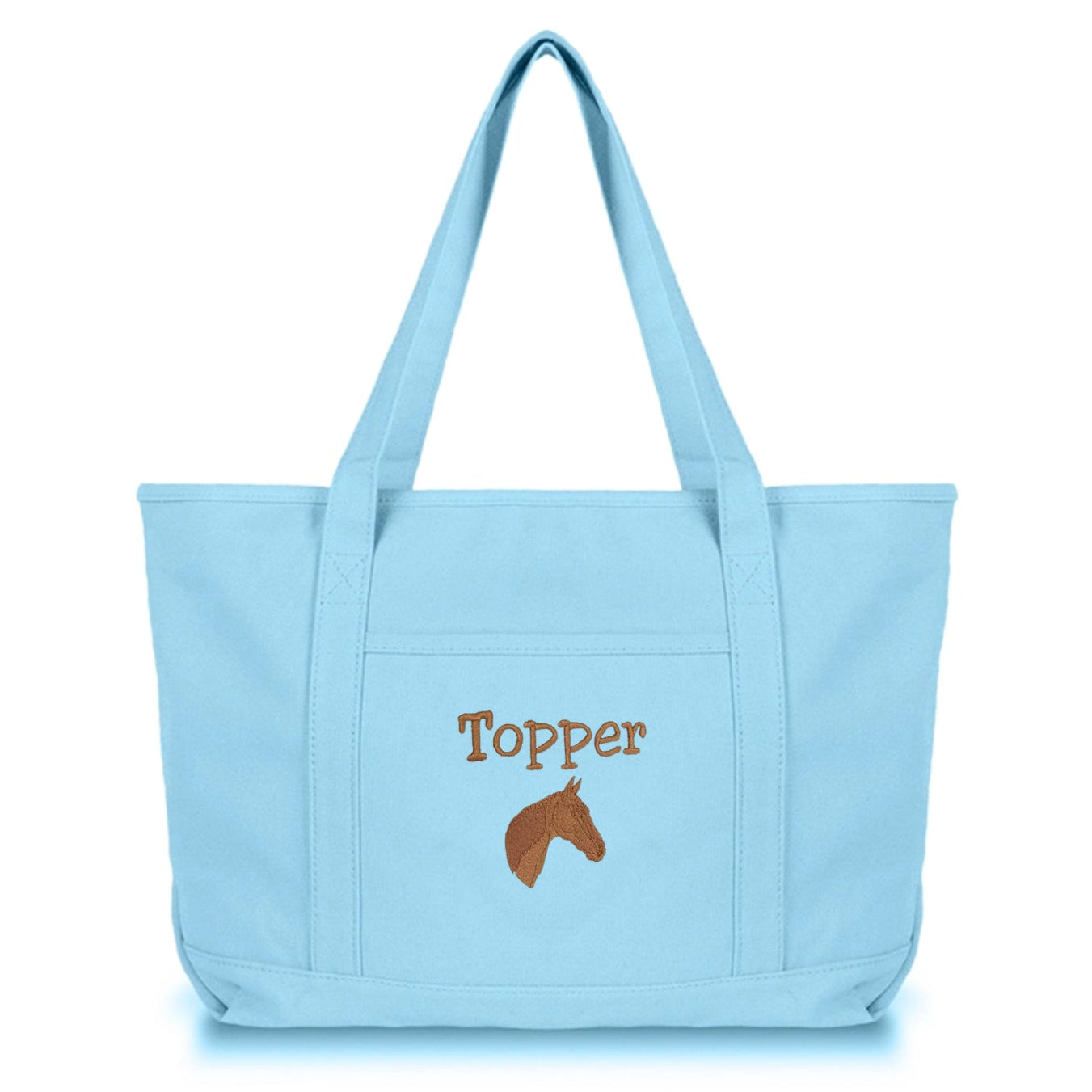Light blue tote bag with horse  icon on and embroidered name