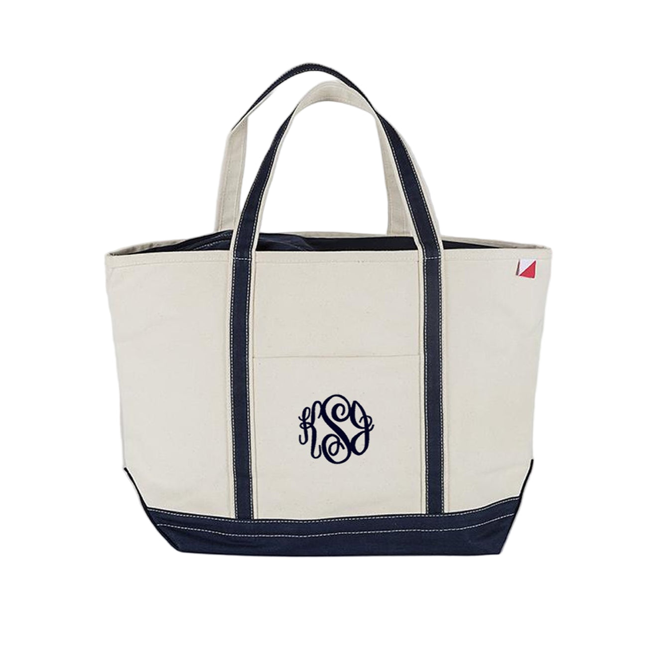 navy blue canvas zipper top tote bag with embroidered monogram