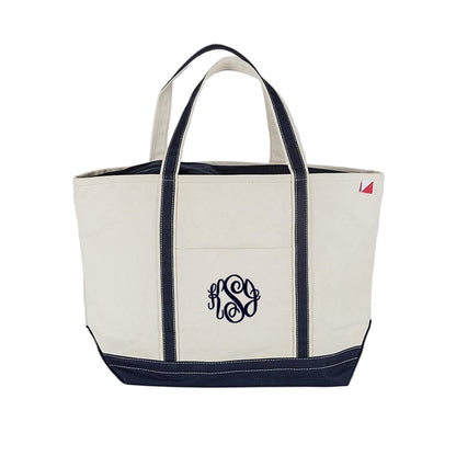 navy blue canvas zipper top tote bag with embroidered monogram