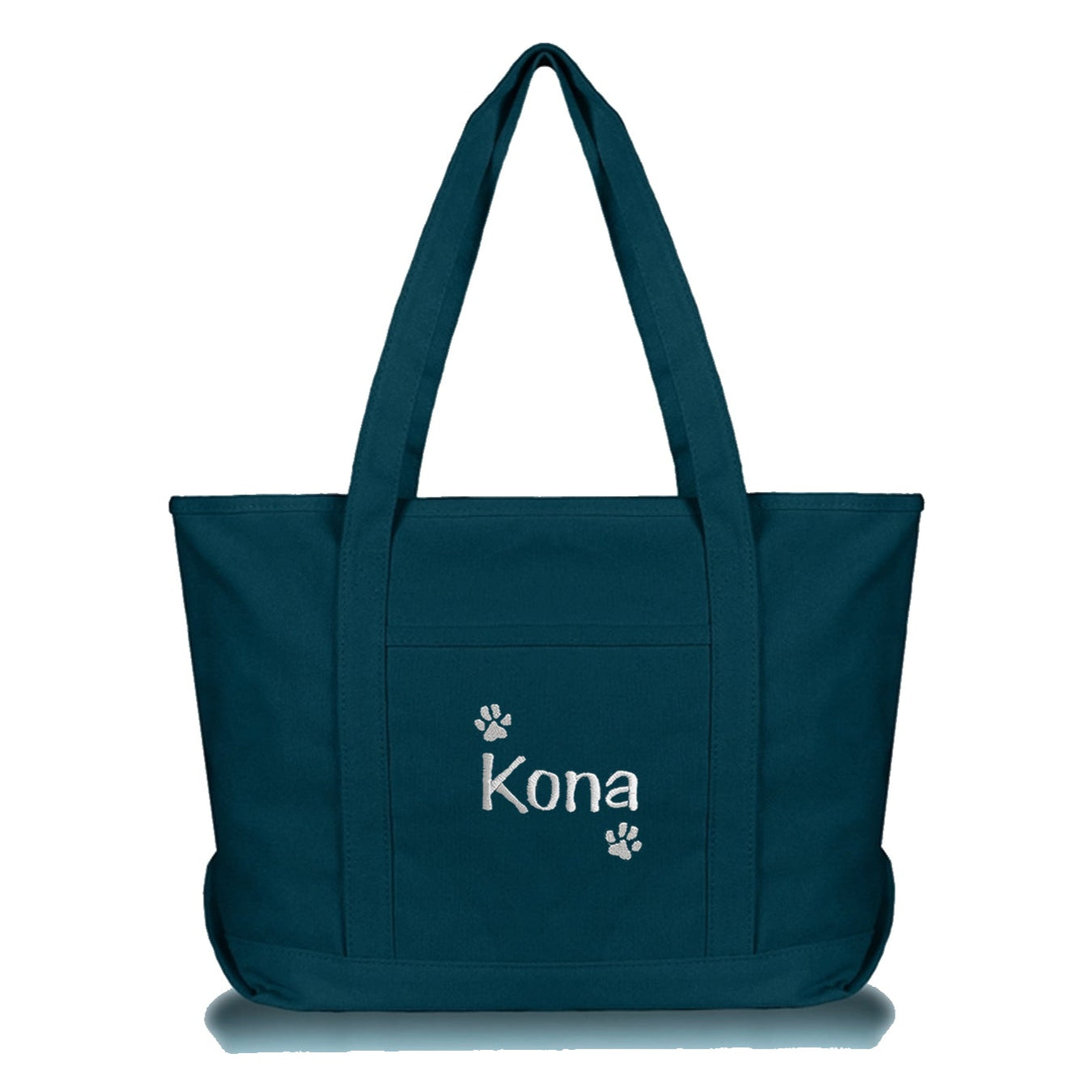 Blue tote bag embroidered with dog's name and a paw prints