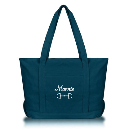blue competition horse tote with snaffle bit and name embroidered