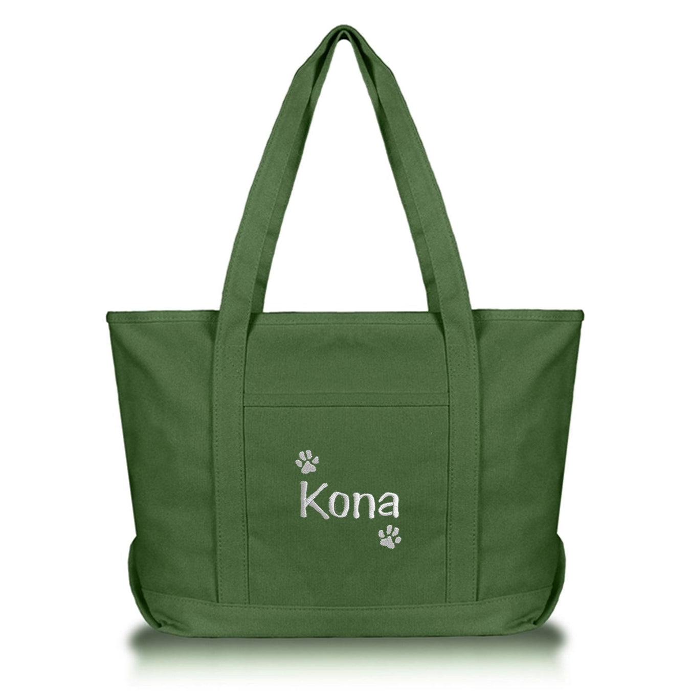 Green tote bag with dog name and paws embroidered on it against a white background