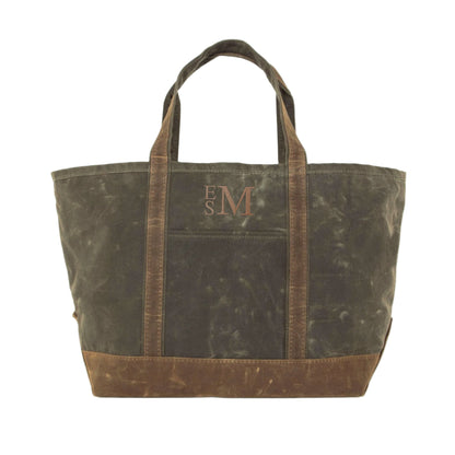waxed canvas tote bag with embroidered monogram or name