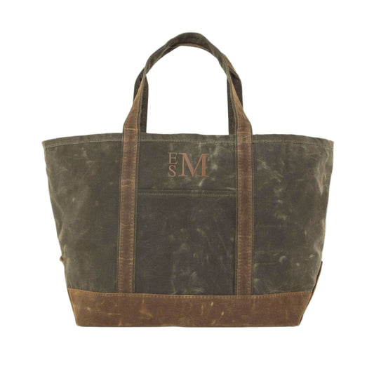 waxed canvas tote bag with embroidered monogram or name