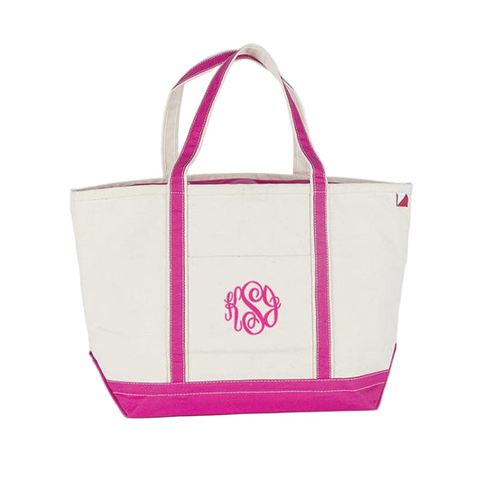 pink canvas zipper top tote bag with embroidered monogram