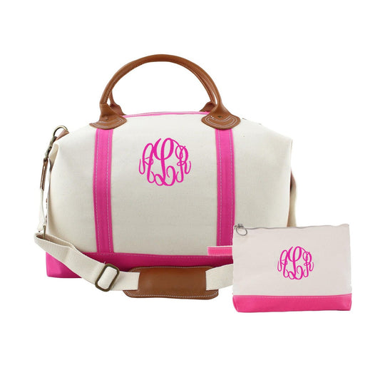 monogrammed weekender duffel bag and matching makeup cosmetic case