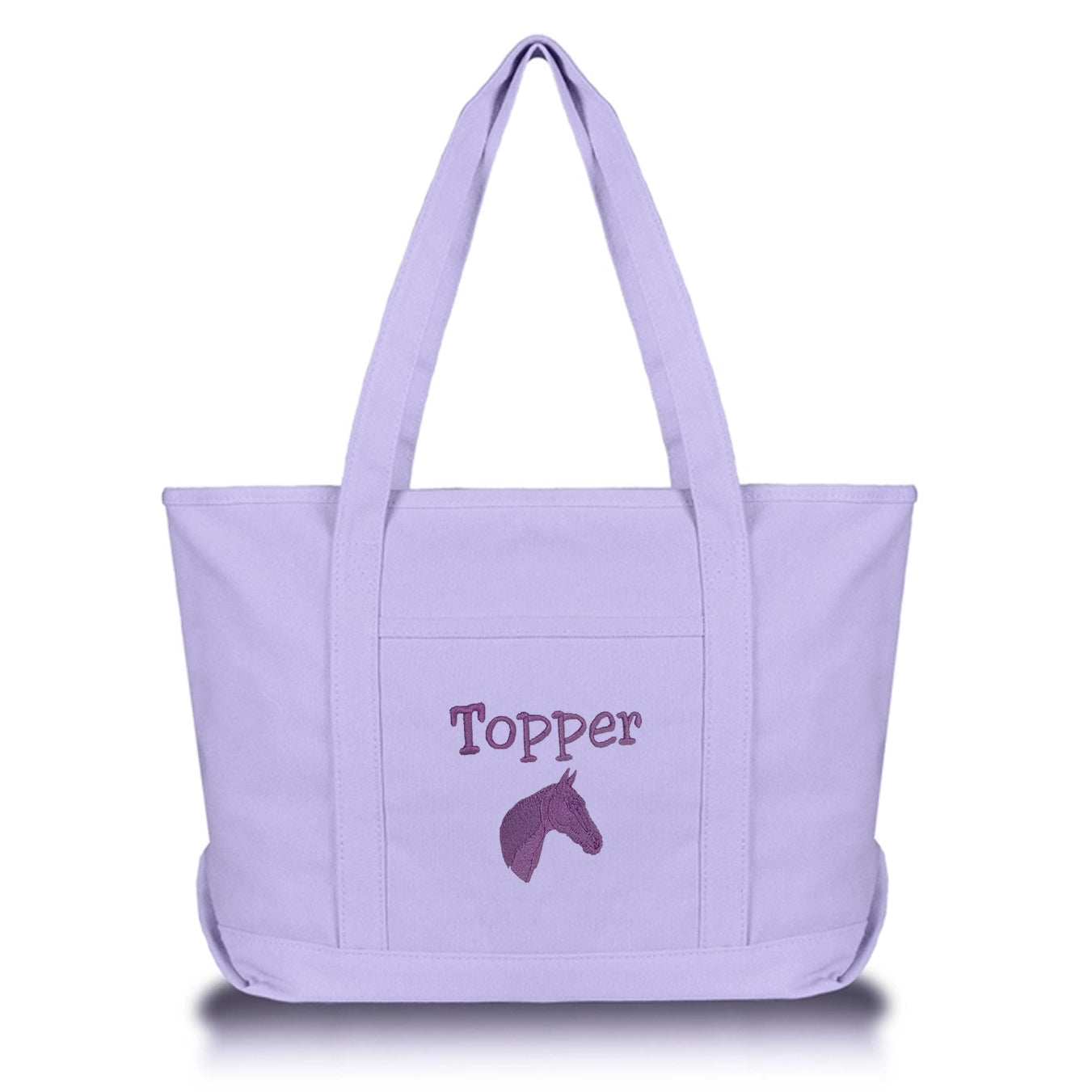 Lavender tote bag with horse icon and embroidered name
