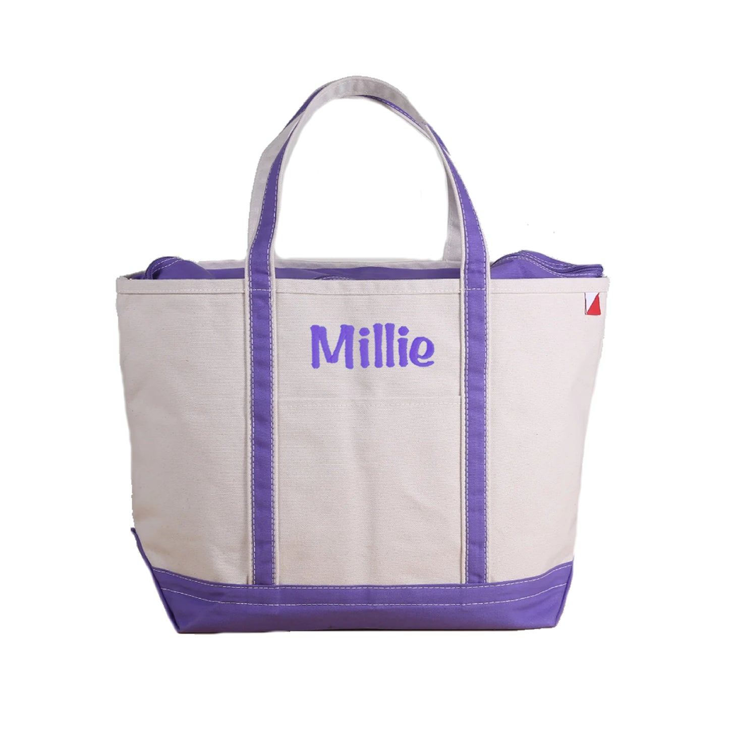 purple canvas zipper top tote bag with embroidered name