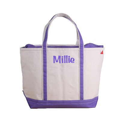 purple canvas zipper top tote bag with embroidered name