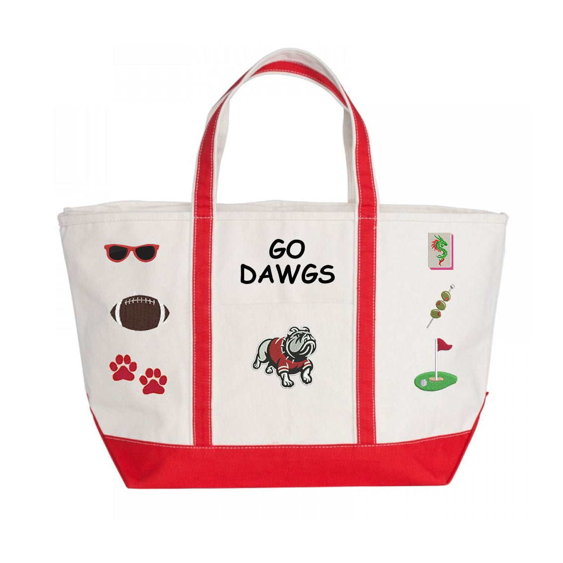 Icon Tailgate Tote bag with 'GO DAWGS' text and sports-themed graphics on a white background