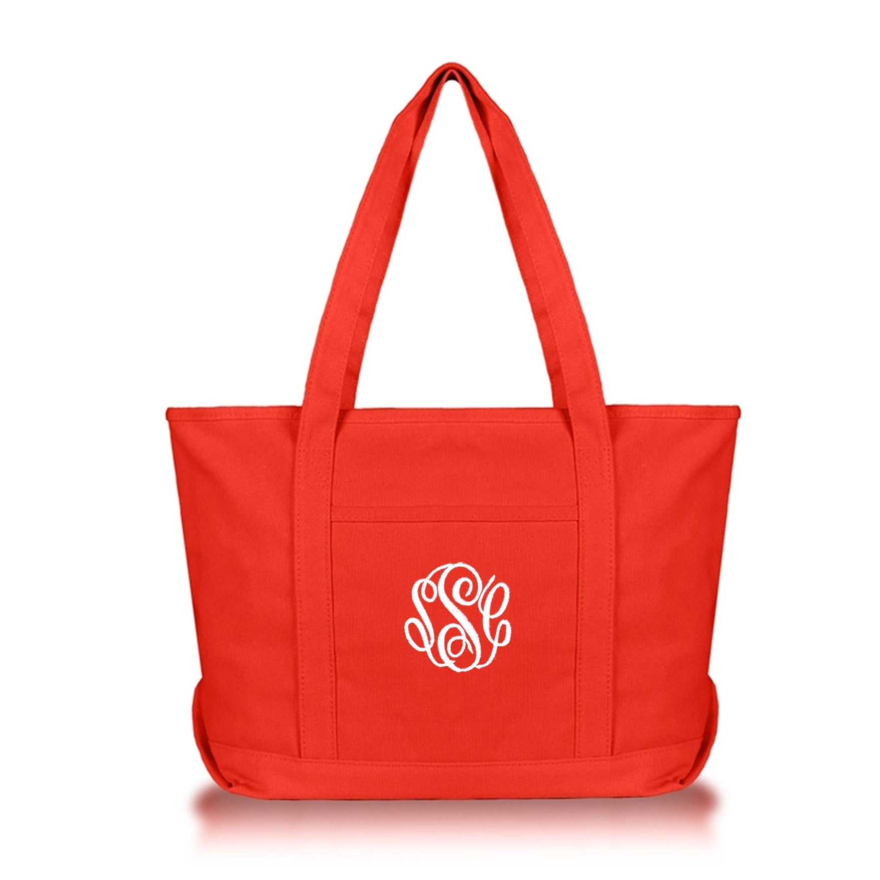 red tote bag with monogram