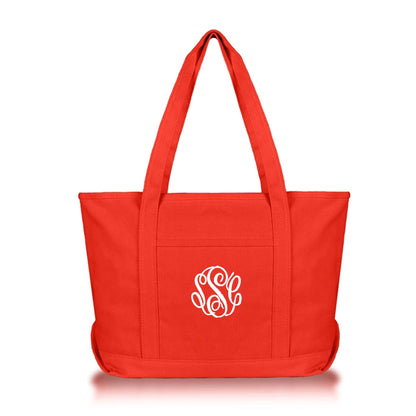 red tote bag with monogram