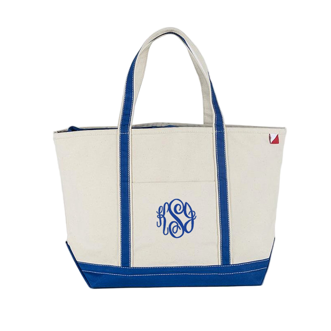 blue canvas zipper top tote bag with embroidered monogram