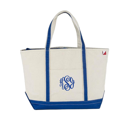 blue canvas zipper top tote bag with embroidered monogram