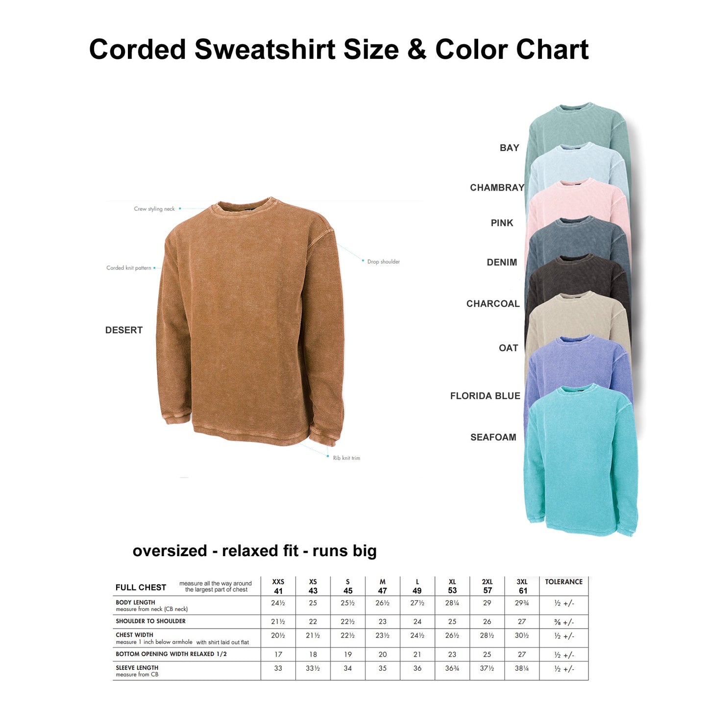 Corded sweatshirt size and color chart with a brown sweatshirt and multiple colored sweatshirts on a white background.
