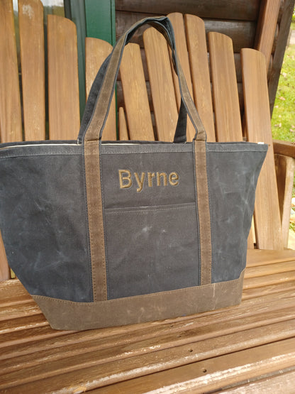 slate waxed canvas tote with embroidered name