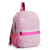 pink seersucker child size backpack with mesh pockets and pink trim