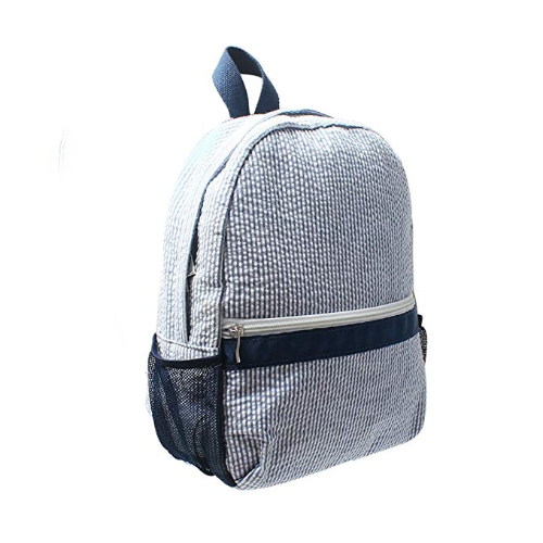 navy blue seersucker striped  backpack for a child