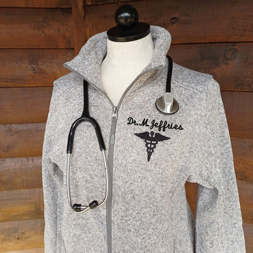 personalized doctor jacket, dr jacket with name, knit sweater jacket for doctor, personalized md jacket, jacket to wear over scrubs