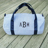 child size navy seersucker duffle bag with monogram